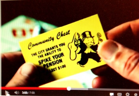 Stockton bankruptcy video used "Monopoly" board game theme
