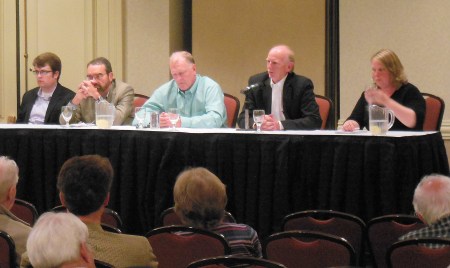 Holly Madrigal, right, at Bay Area county pension reform conference