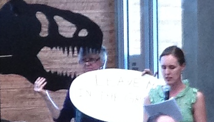 Sunny Galbraith addresses CalSTRS with "Fossie" in background